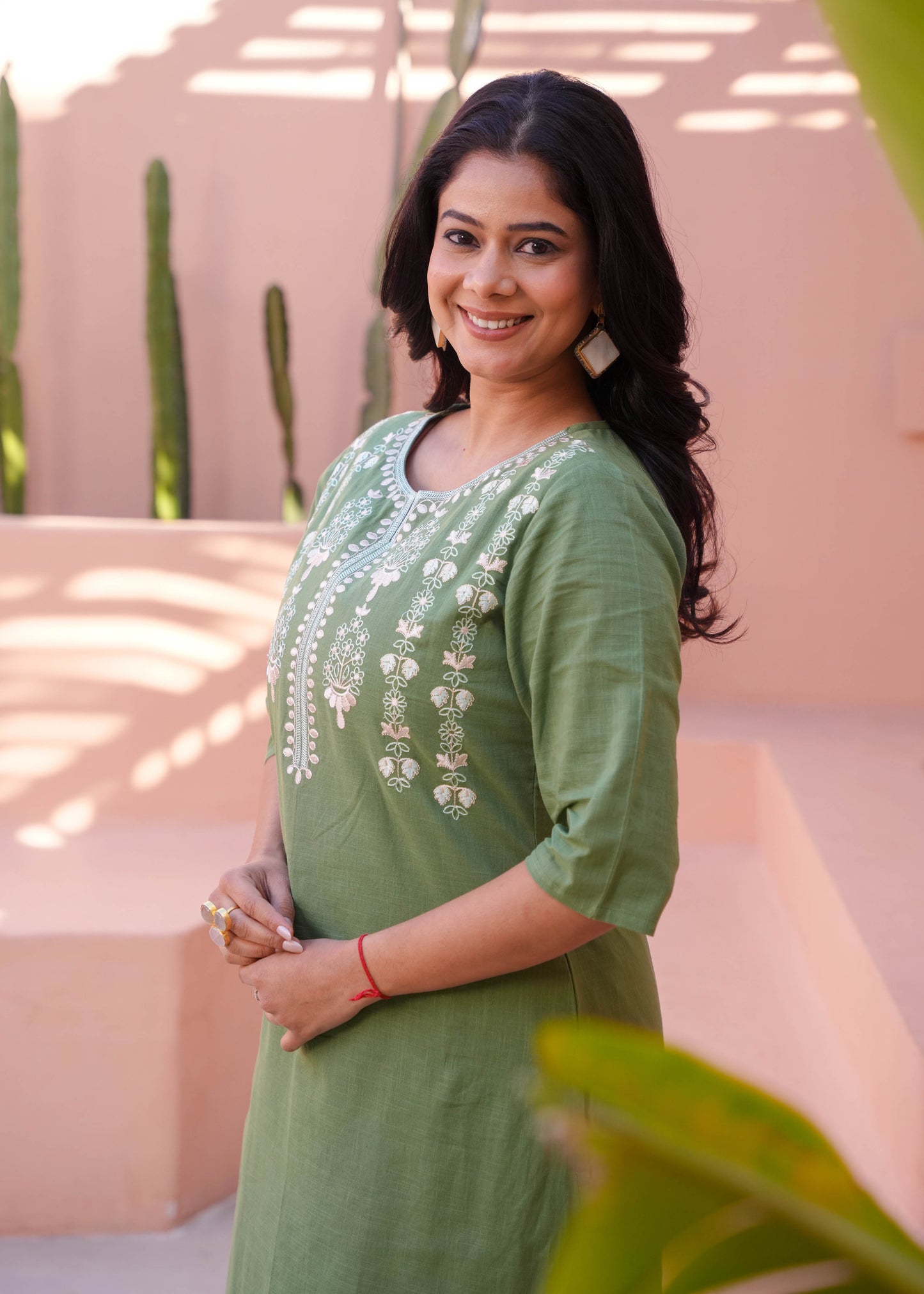 Embroidered Natural Cotton Solid A-line Green Kurta
