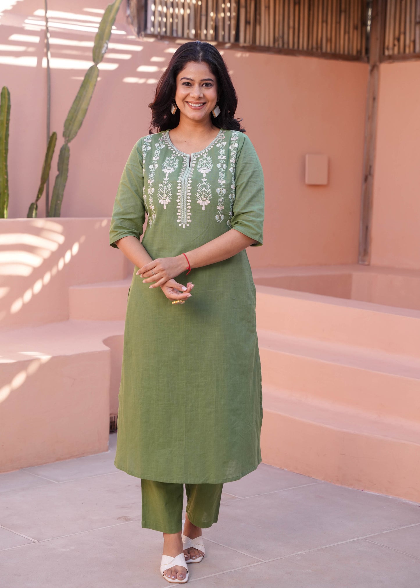 Embroidered Natural Cotton Solid A-line Green Kurta