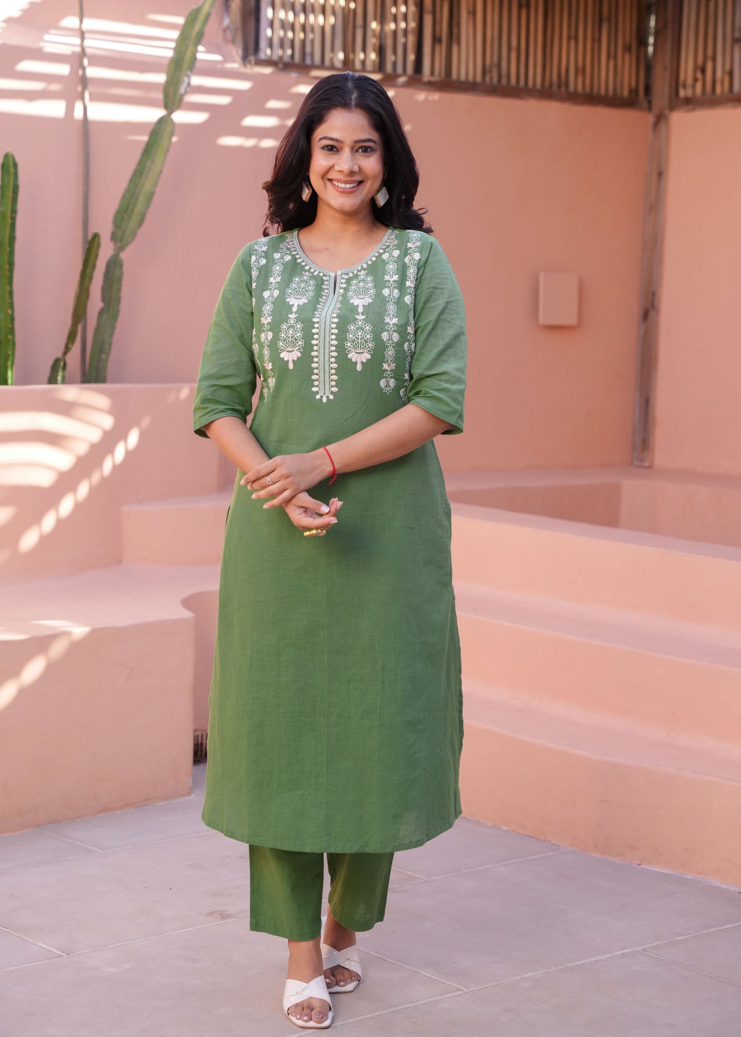 Embroidered Natural Cotton Solid A-line Green Kurta