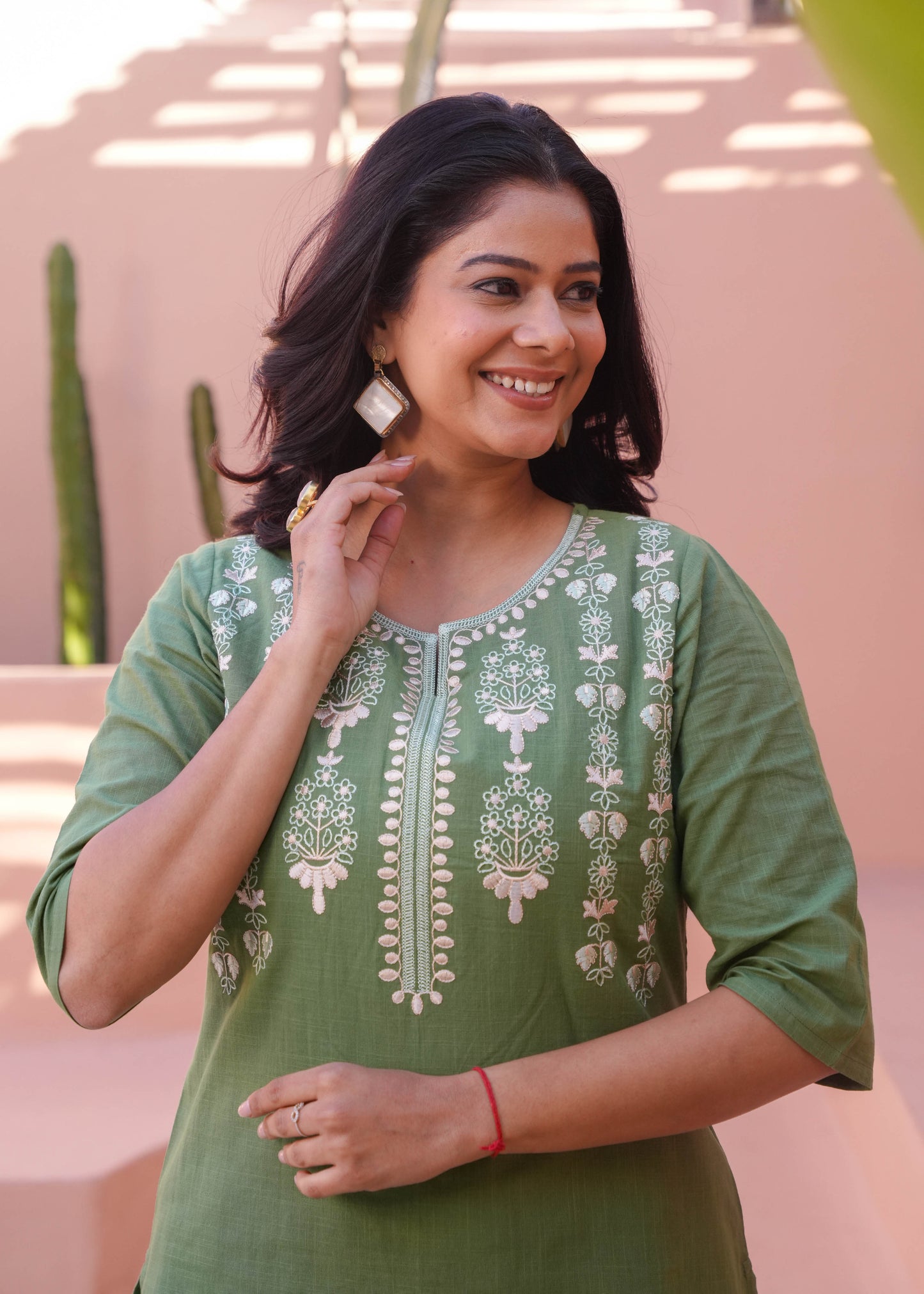 Embroidered Natural Cotton Solid A-line Green Kurta