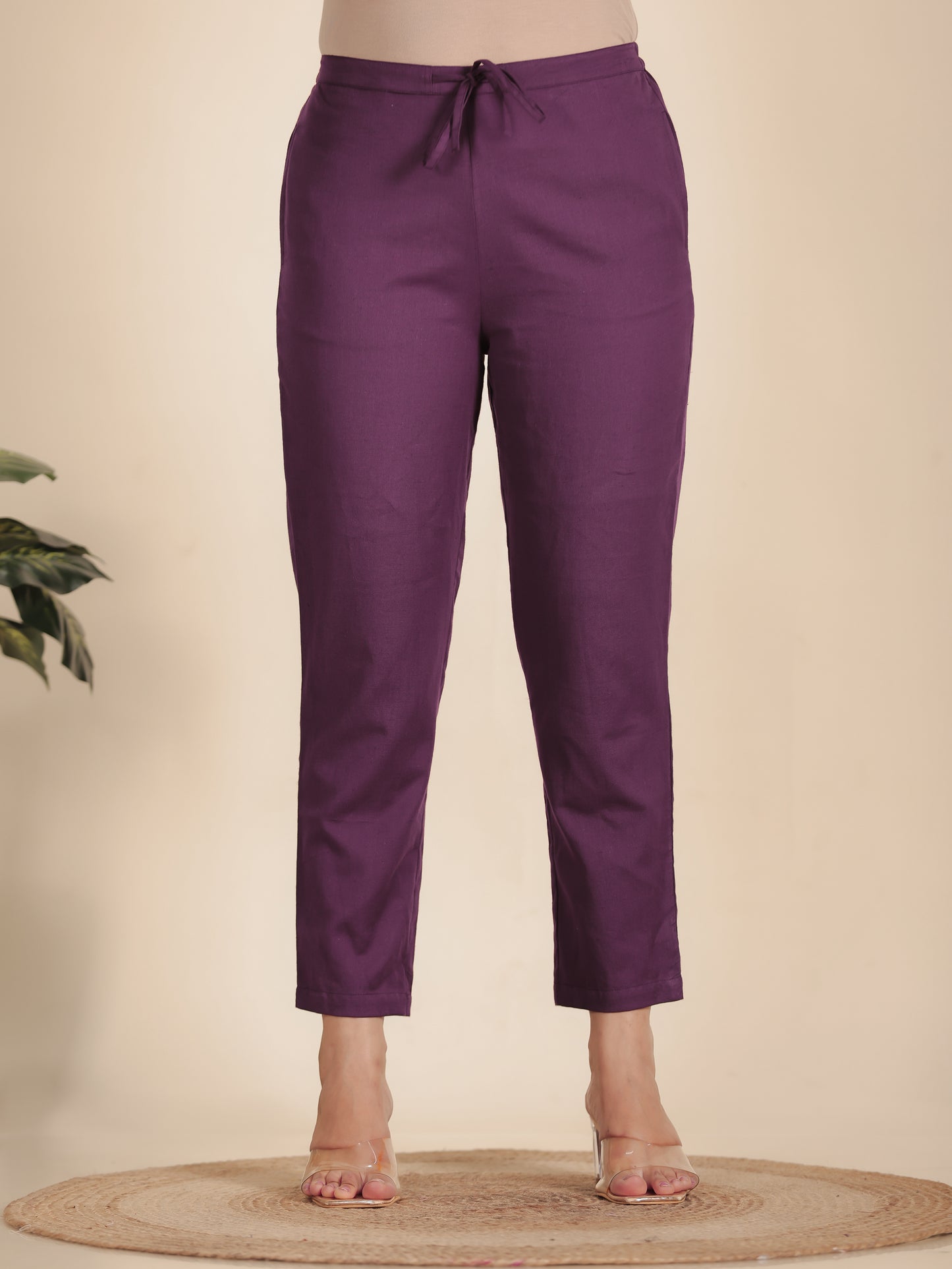 Linen Cotton Solid Purple Tapered Trousers