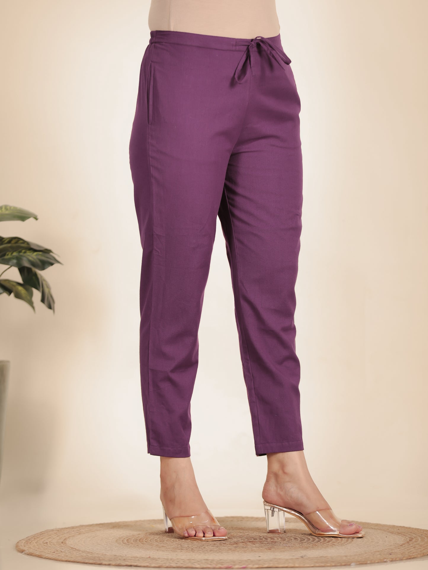 Linen Cotton Solid Purple Tapered Trousers