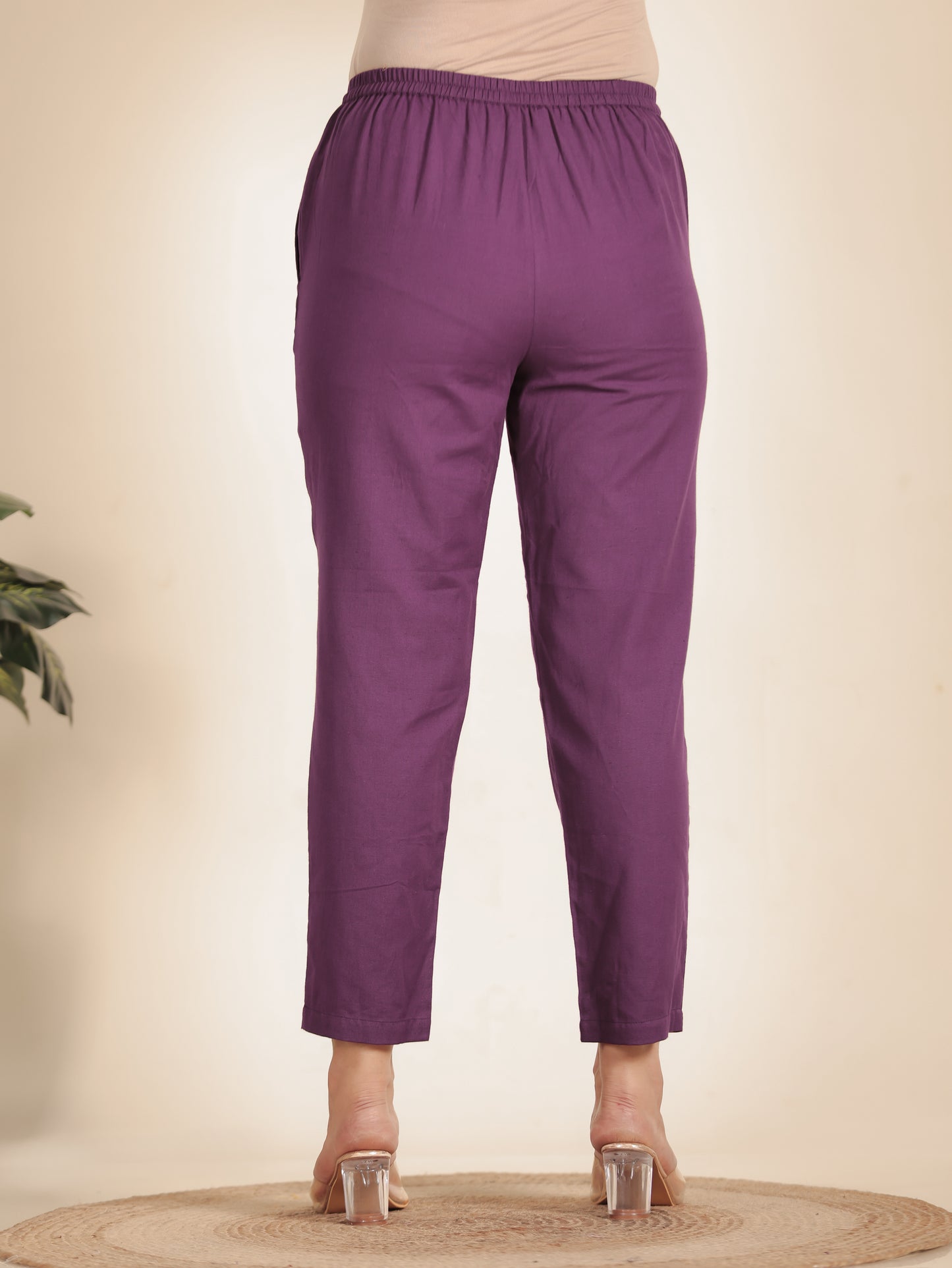 Linen Cotton Solid Purple Tapered Trousers