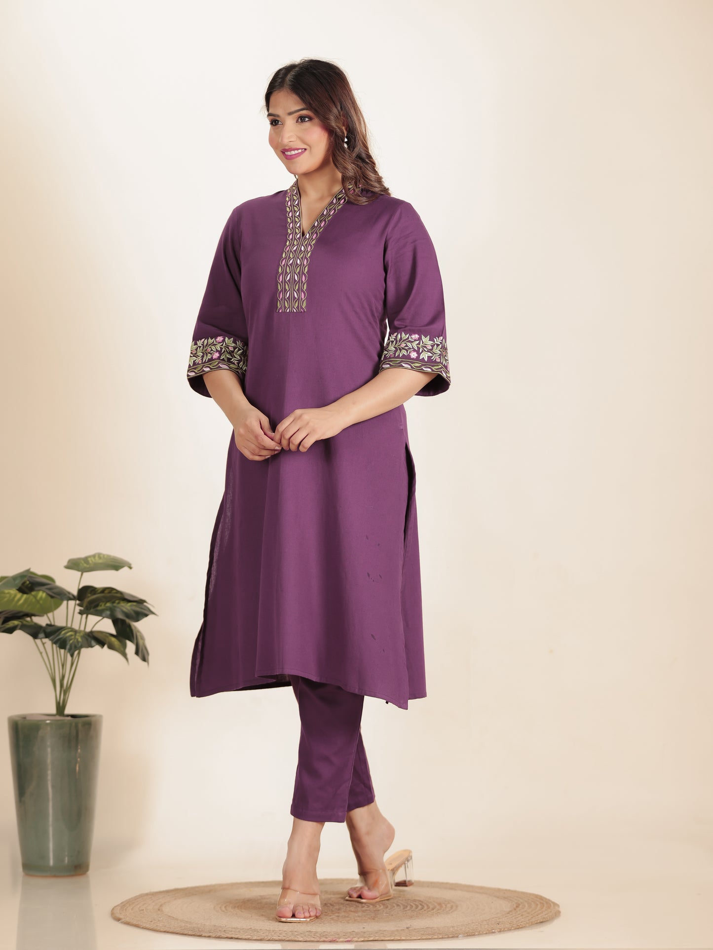 Embroidered Linen Cotton Solid A-line Purple Kurta
