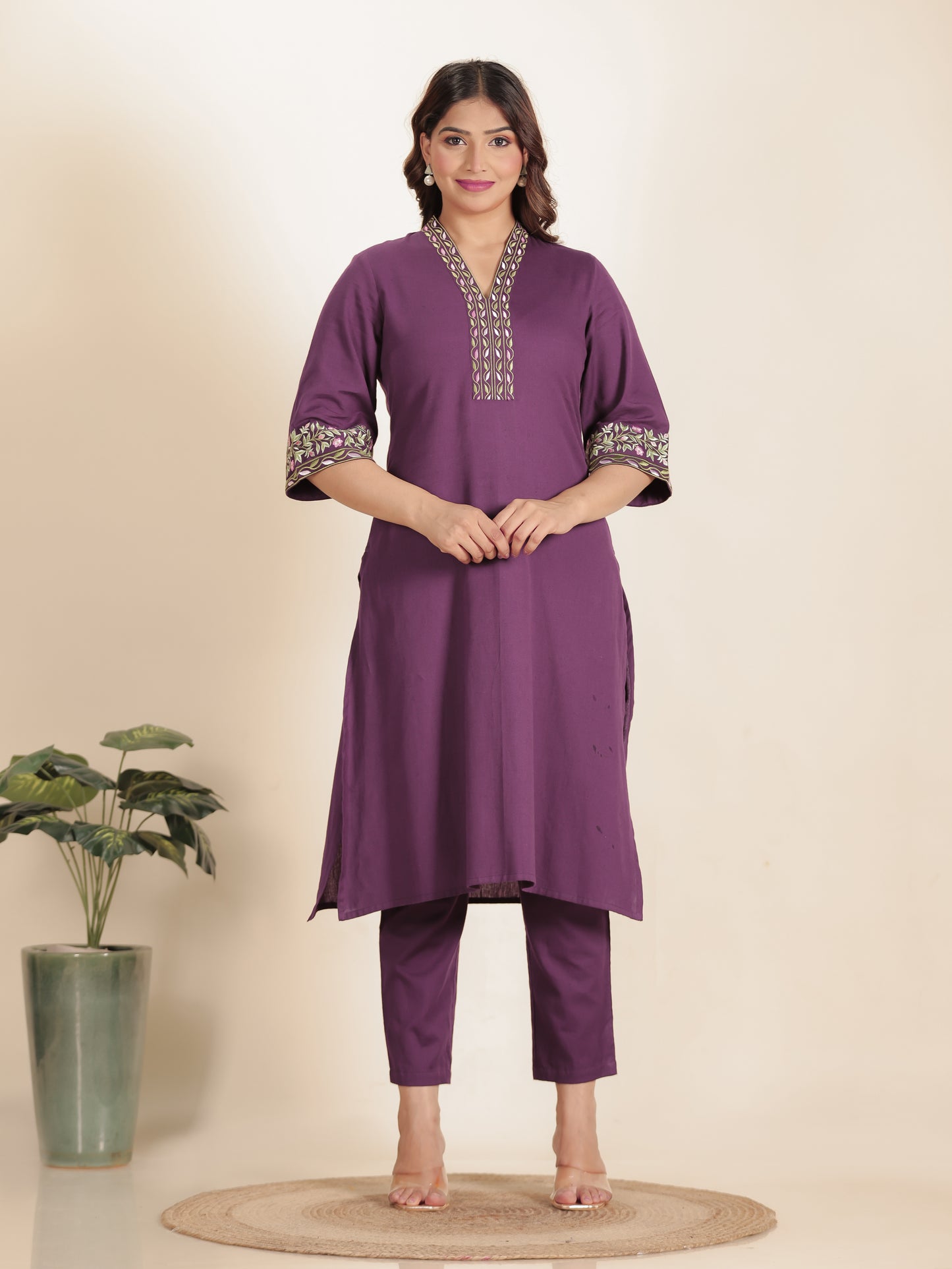 Embroidered Linen Cotton Solid A-line Purple Kurta