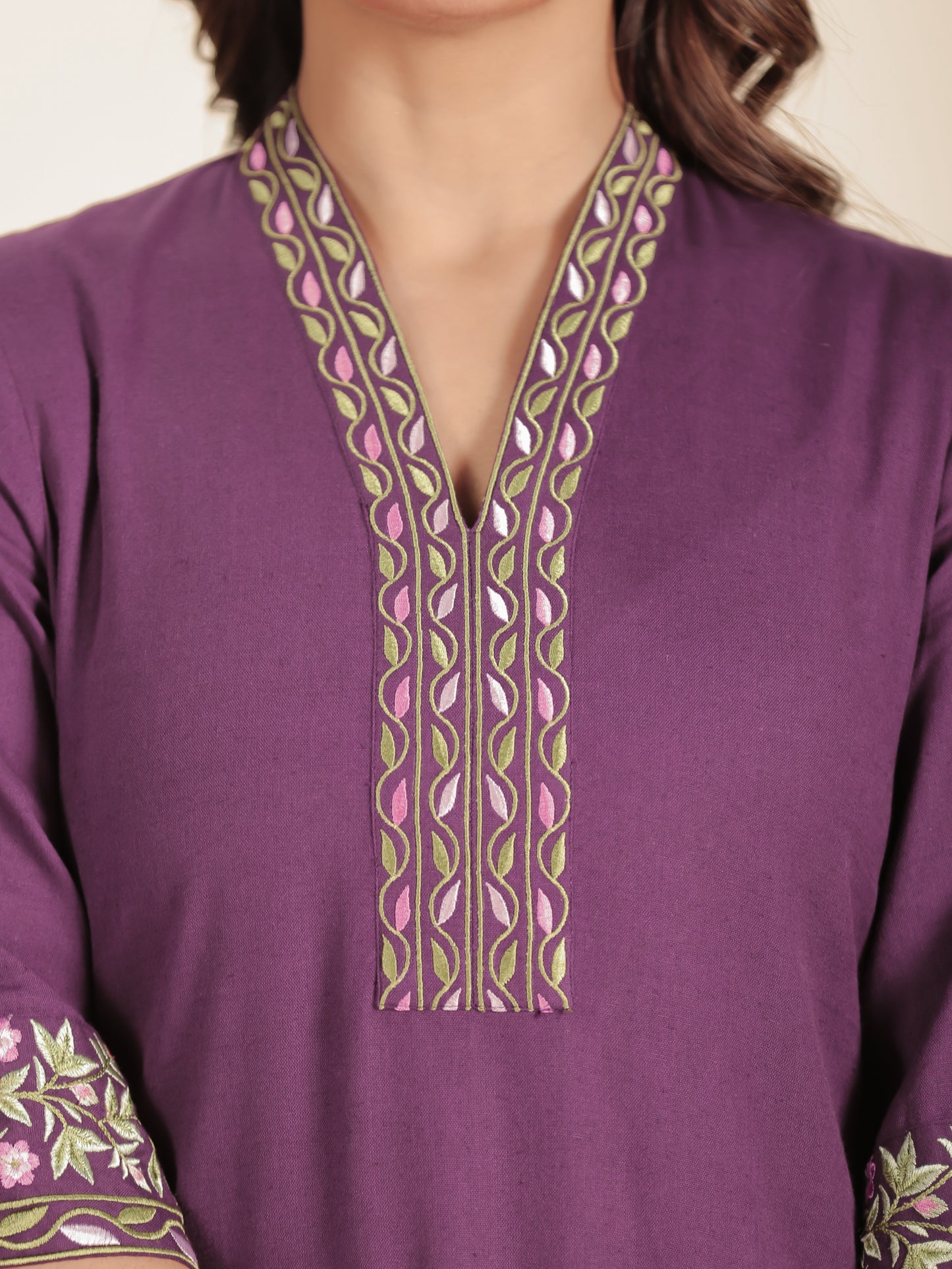 Embroidered Linen Cotton Solid A-line Purple Kurta