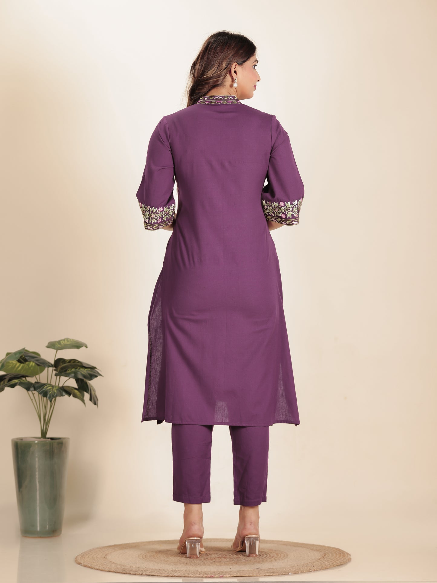 Embroidered Linen Cotton Solid A-line Purple Kurta