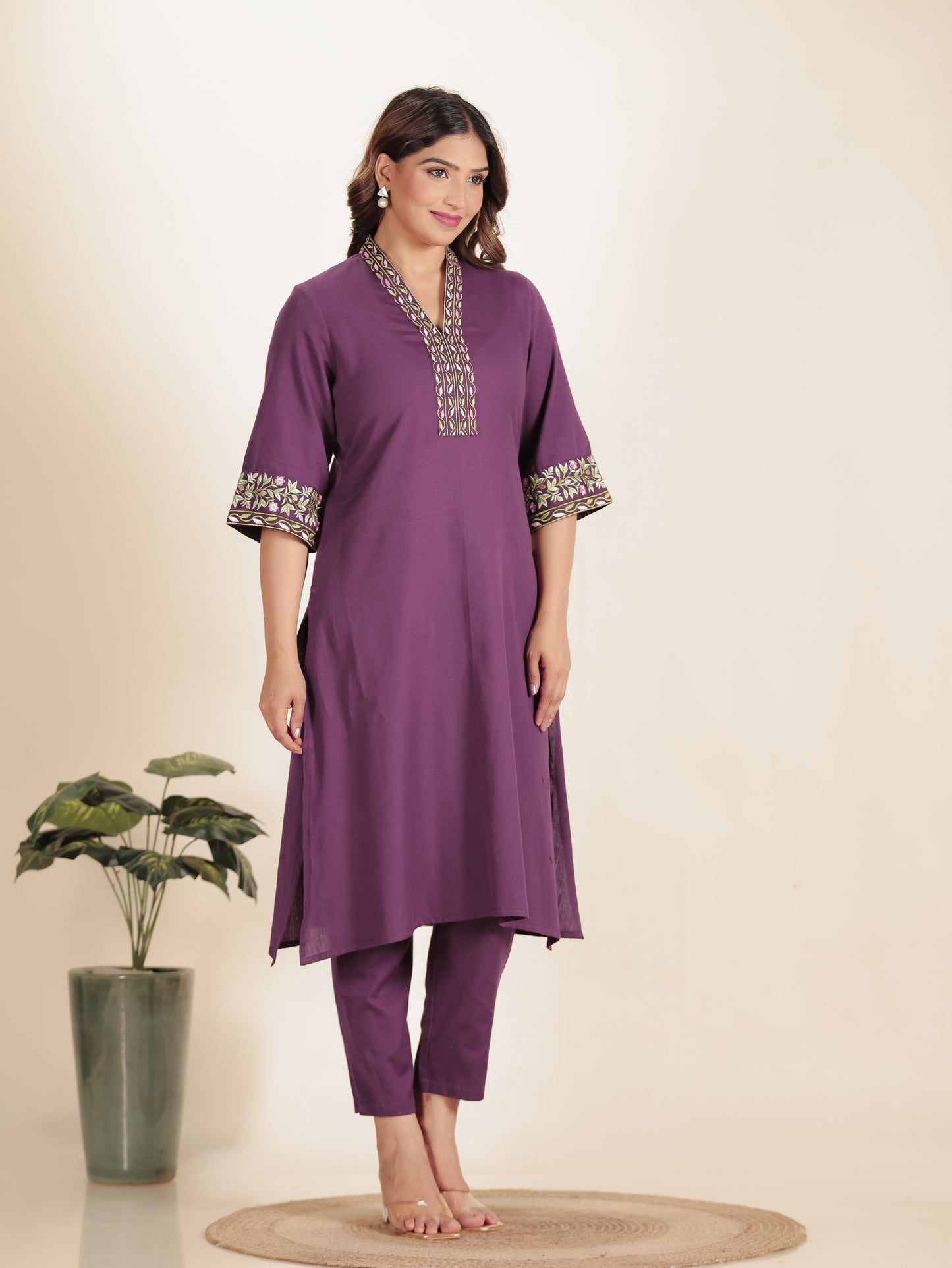 Embroidered Linen Cotton Solid A-line Purple Kurta