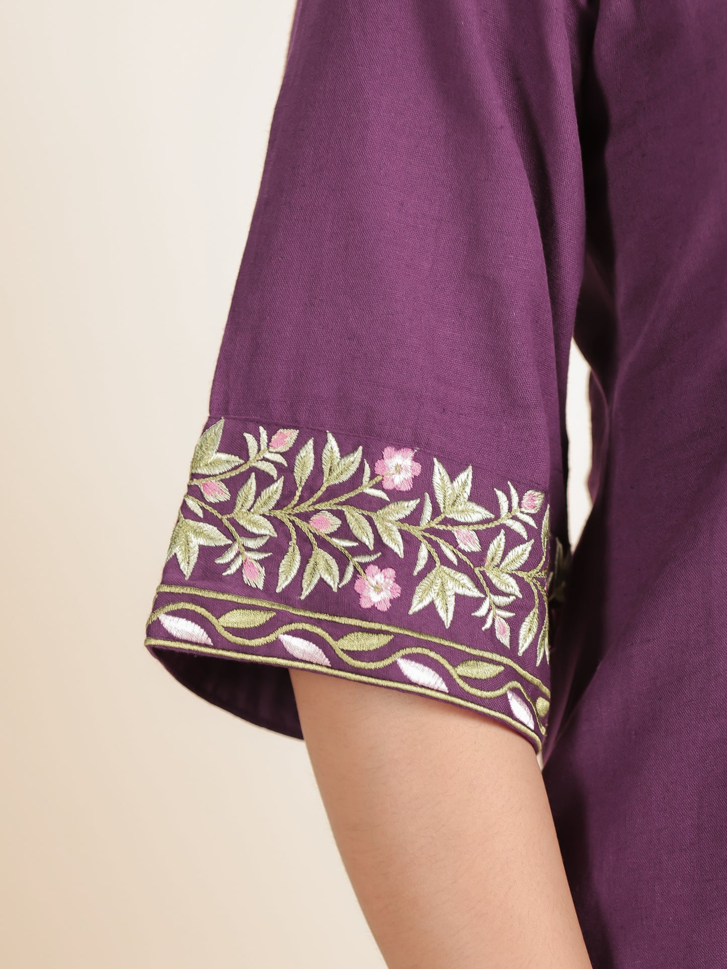 Embroidered Linen Cotton Solid A-line Purple Kurta