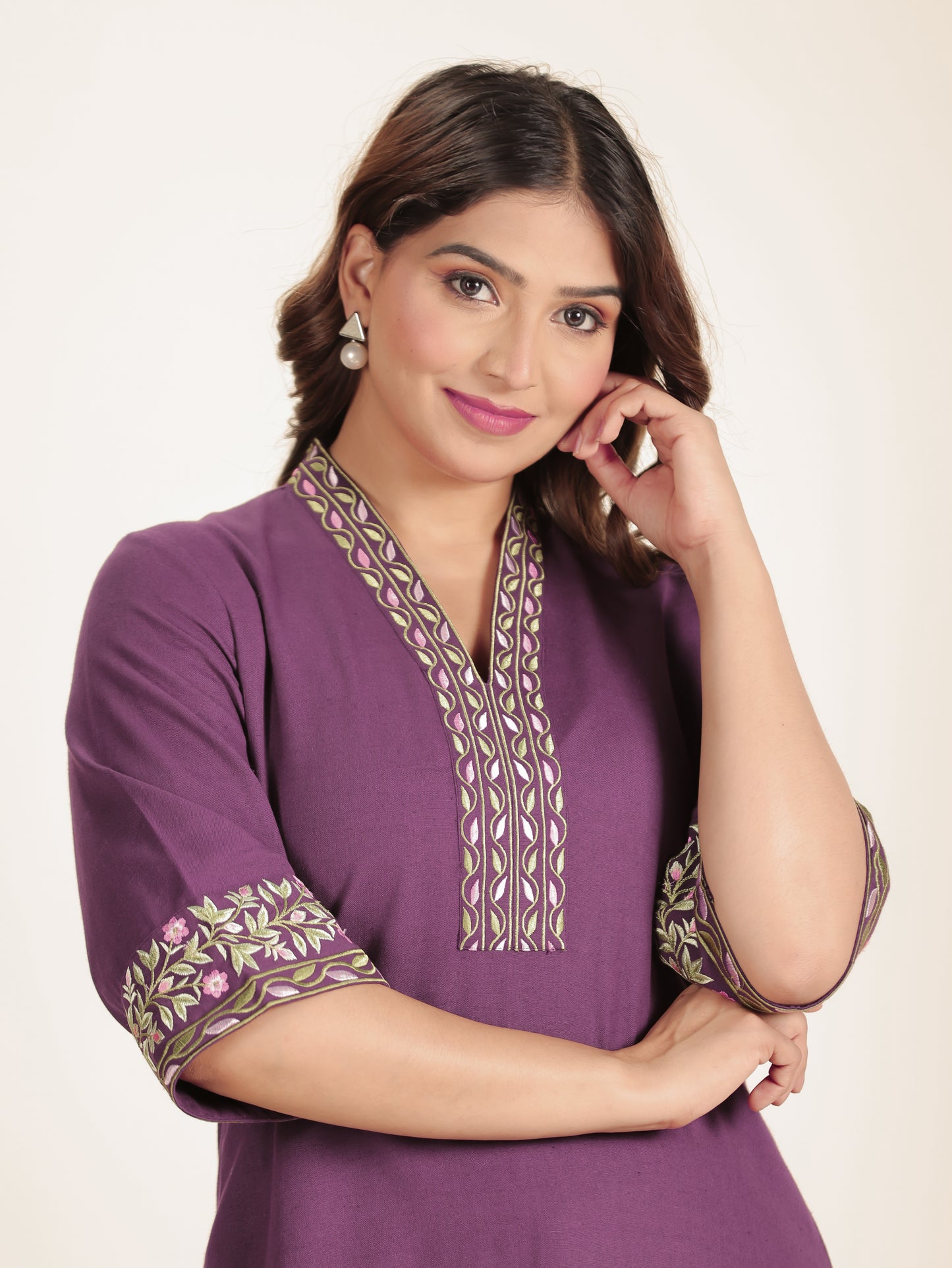 Embroidered Linen Cotton Solid A-line Purple Kurta