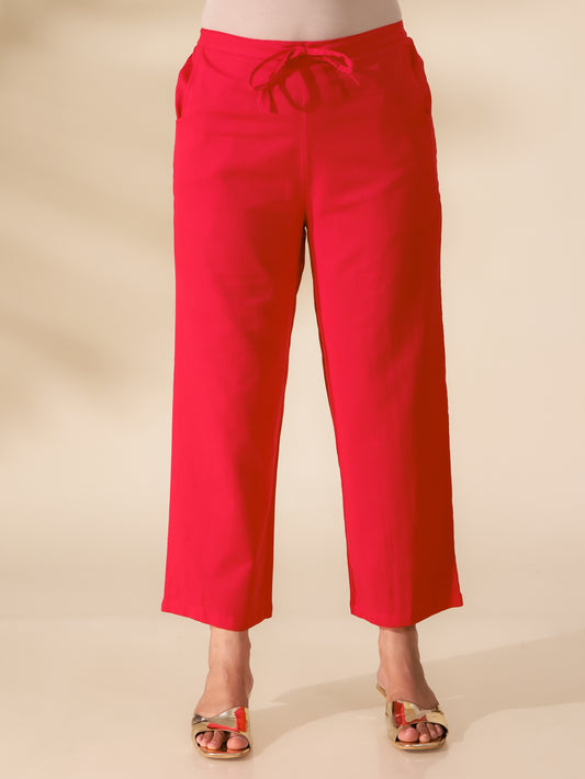 Linen Cotton Solid Red Tapered Trousers