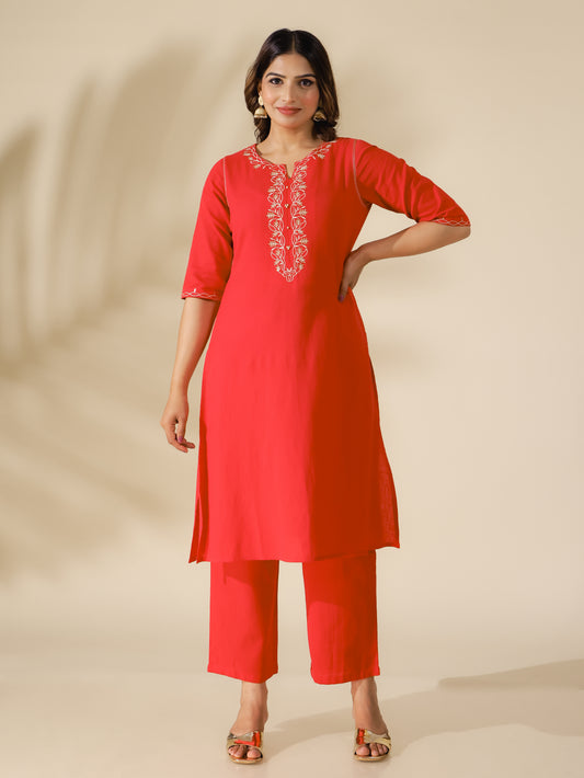 Linen Cotton Solid A-line Red Kurta