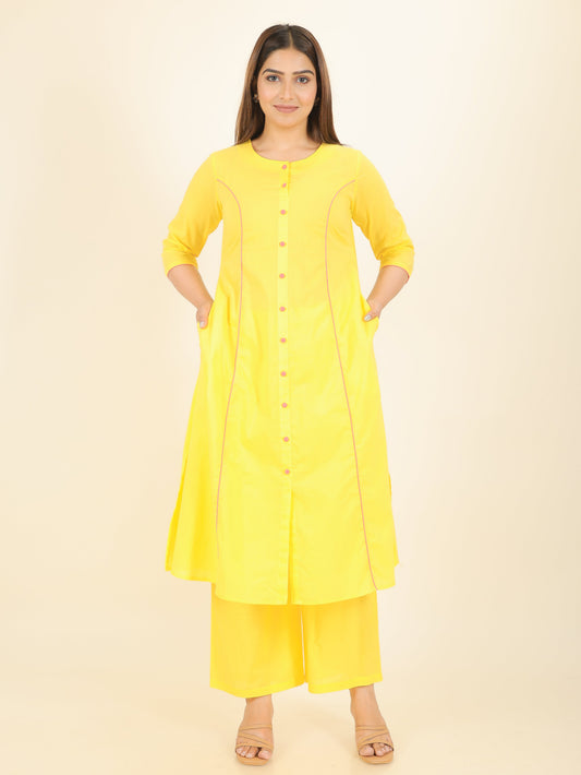 Soft Cotton Solid A-line Yellow Kurta