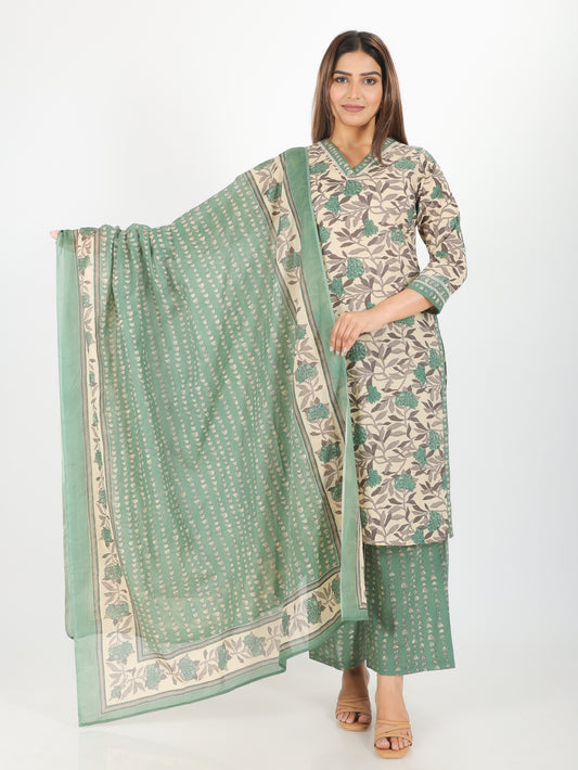 Cotton Voile Floral Green Dupatta