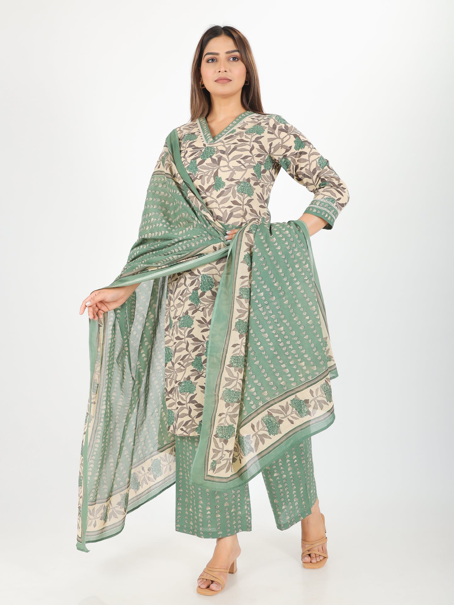 Cotton Voile Floral Green Dupatta
