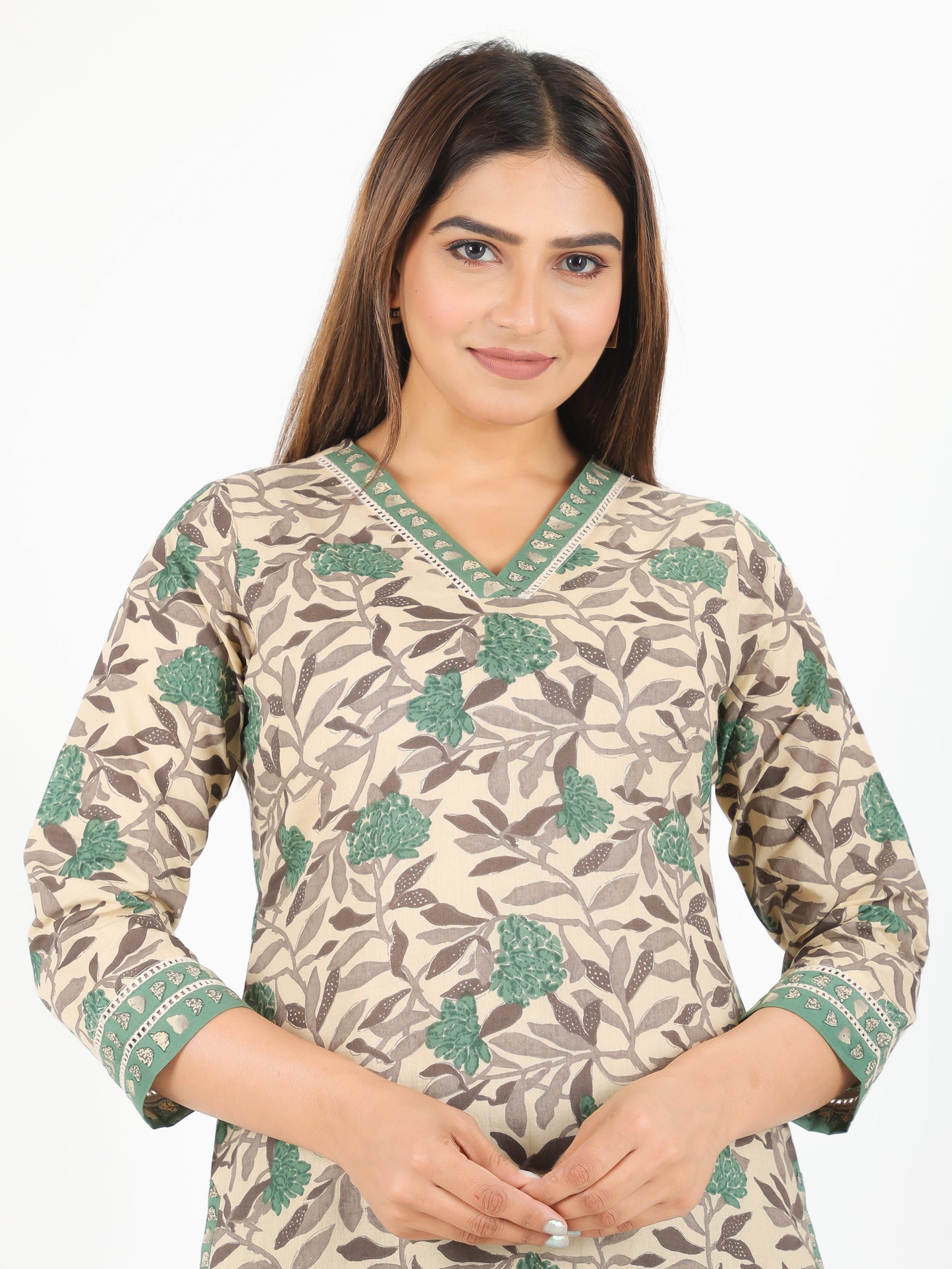 Soft Cotton Floral Straight Beige Kurta