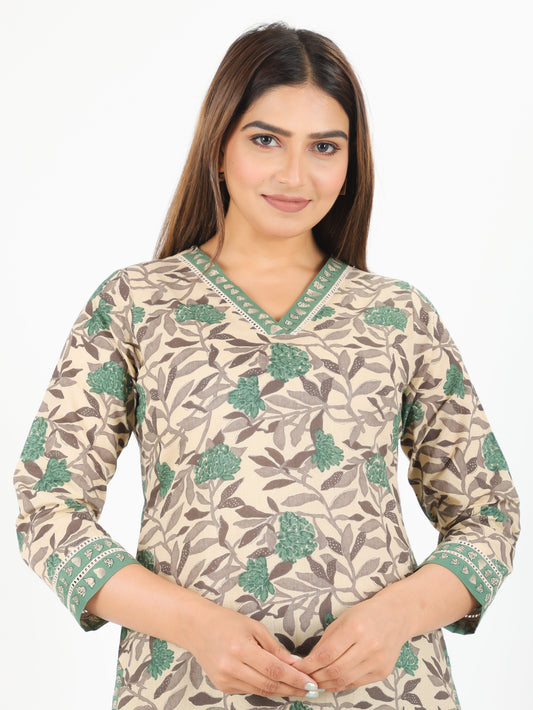 Soft Cotton Floral Straight Beige Kurta