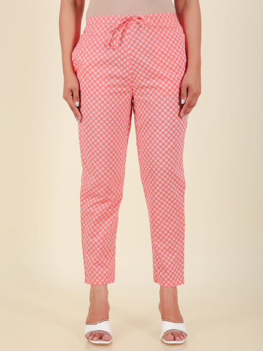 Soft Cotton Geometric Pink Tapered Trousers