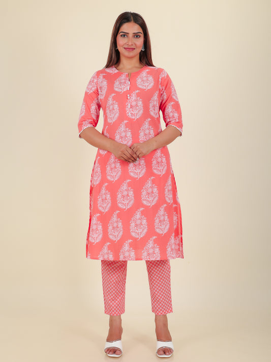 Soft Cotton Floral A-line Pink Kurta