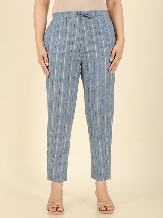 Soft Cotton Striped Grey Tapered Trousers
