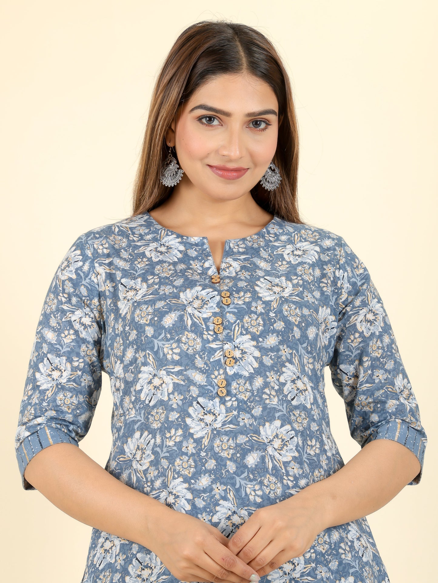 Soft Cotton Floral A-line Grey Kurta
