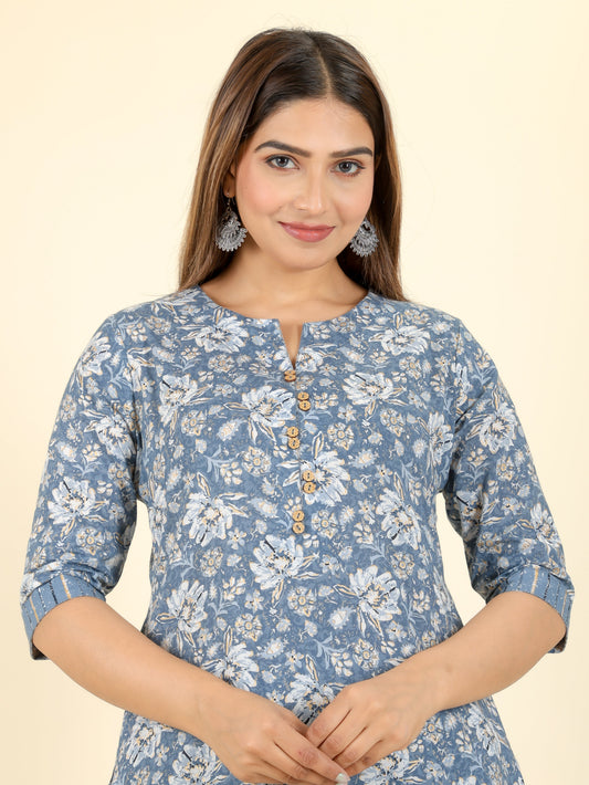 Soft Cotton Floral A-line Grey Kurta
