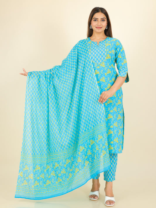 Cotton Voile Floral Blue Dupatta