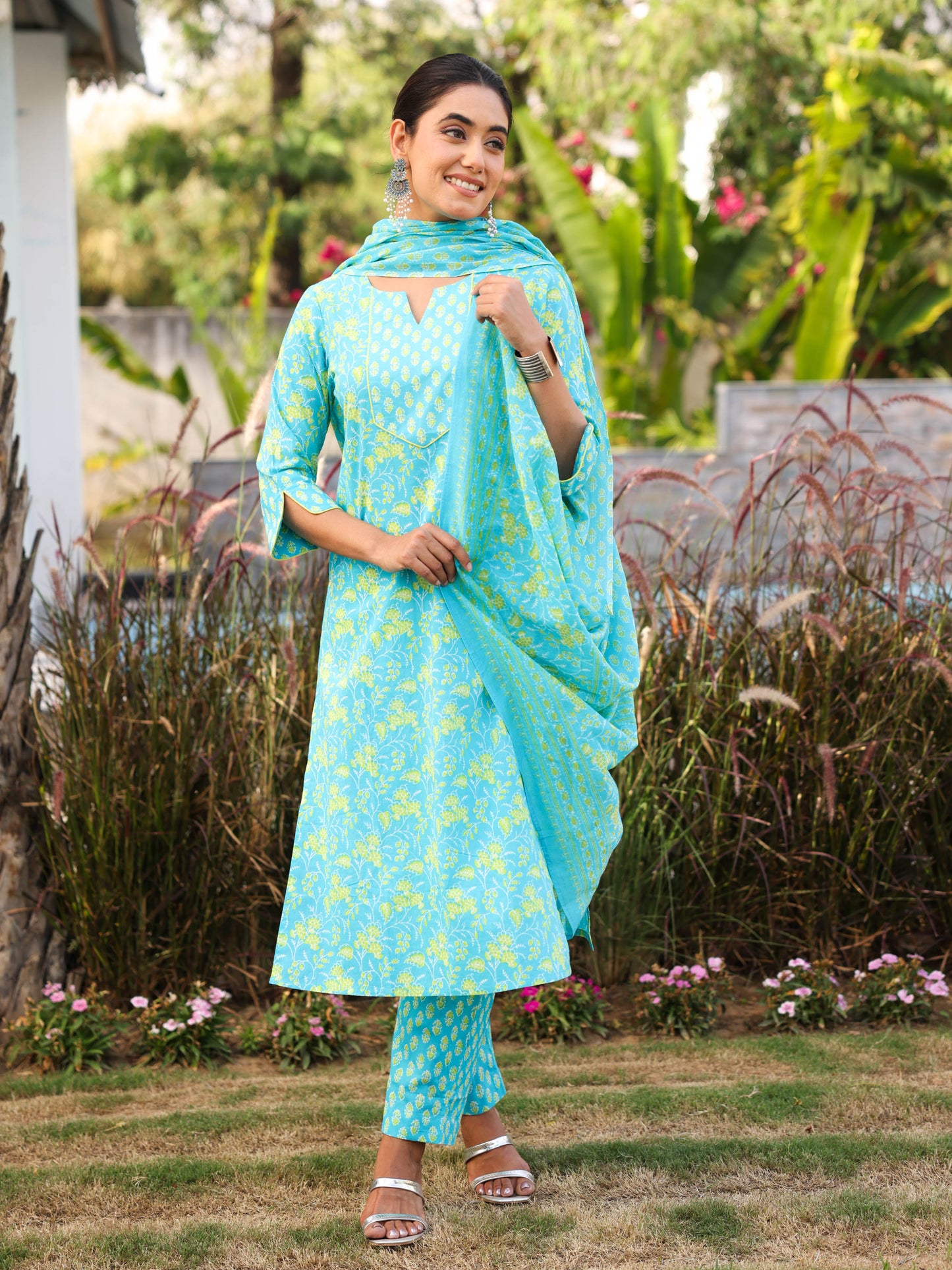 Cotton Voile Floral Blue Dupatta
