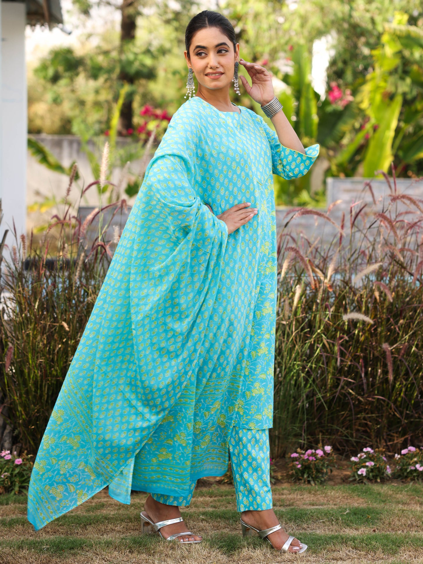 Cotton Voile Floral Blue Dupatta