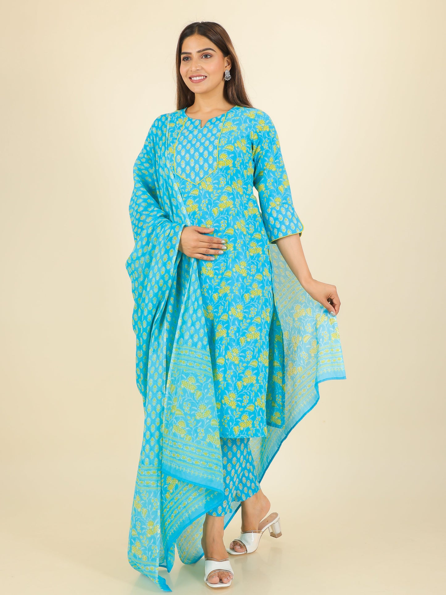 Soft Cotton Floral Straight Blue Kurta