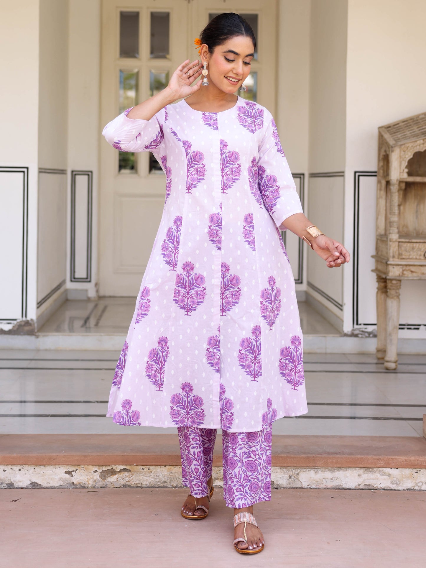 Soft Cotton Floral Flared Mauve Kurta