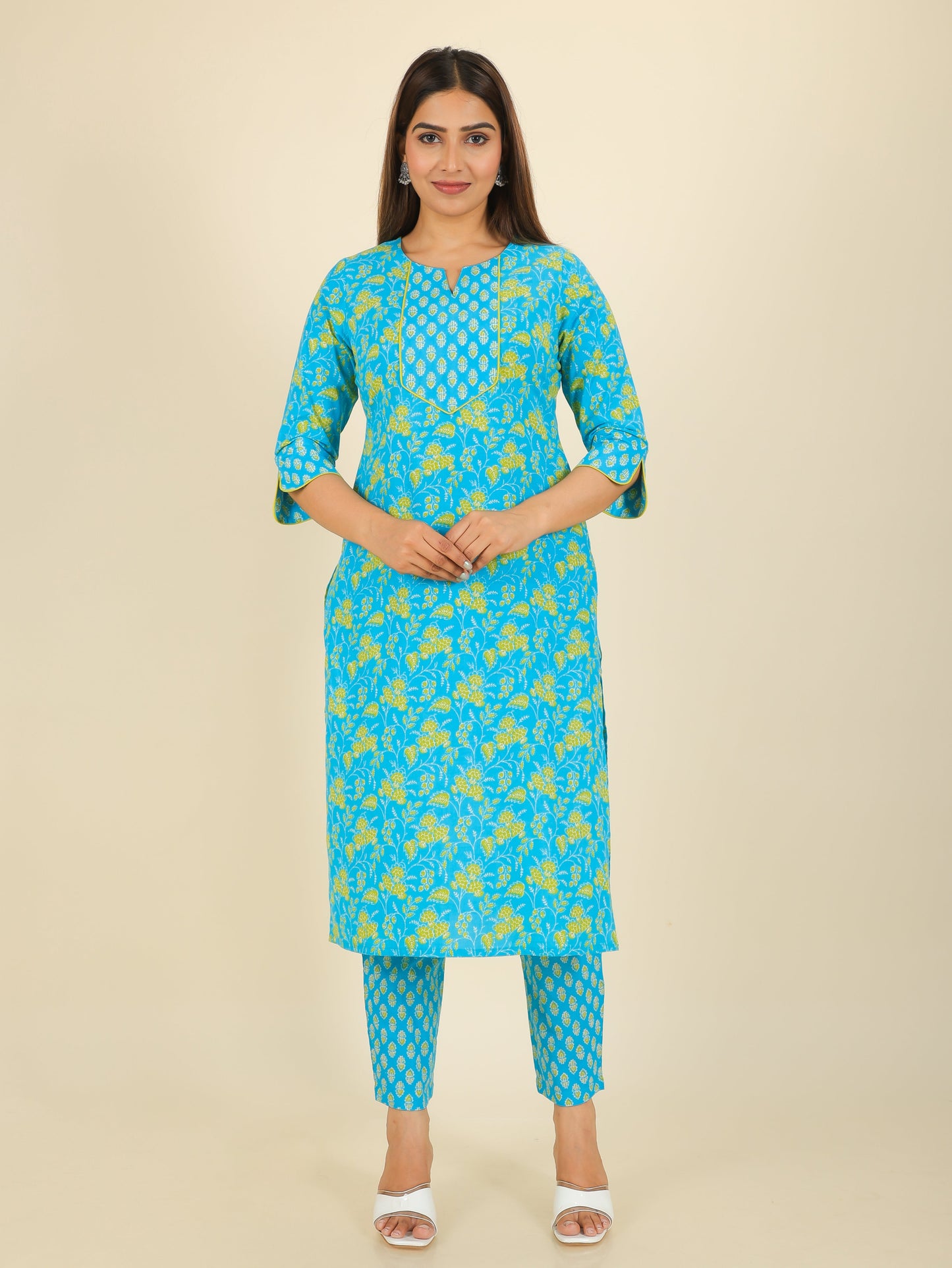 Soft Cotton Floral Straight Blue Kurta