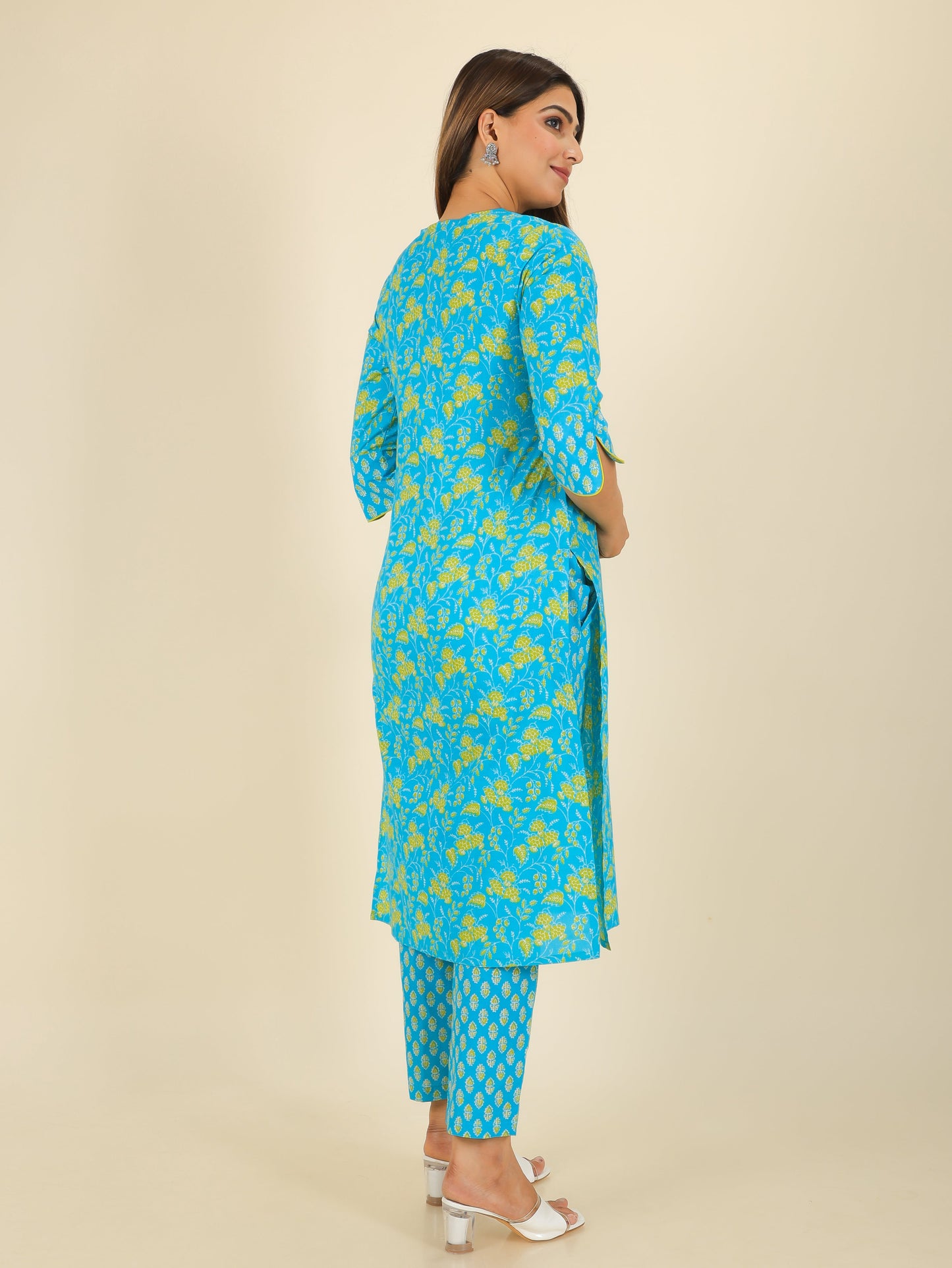 Soft Cotton Floral Straight Blue Kurta