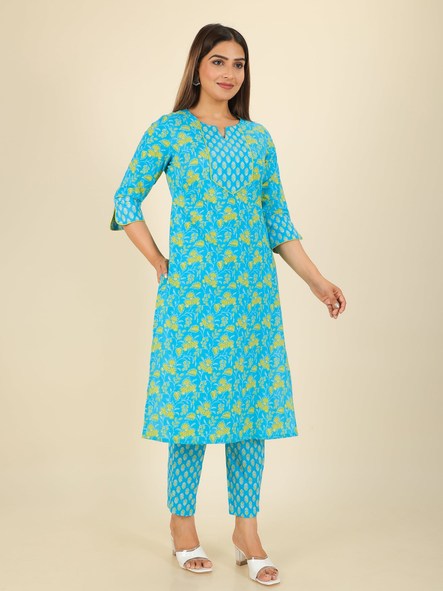 Soft Cotton Floral Straight Blue Kurta