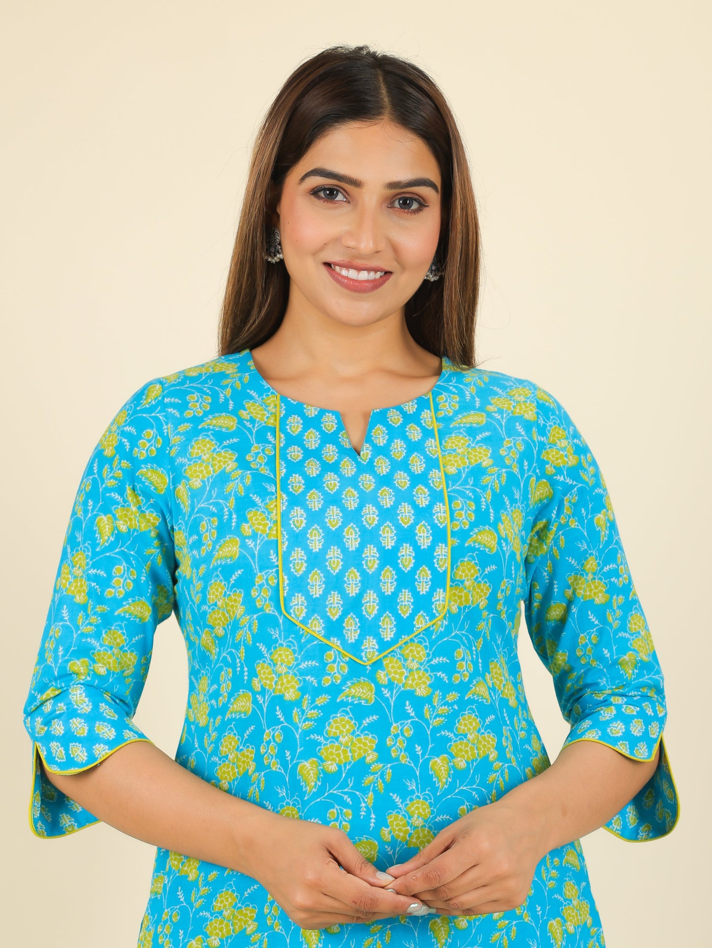 Soft Cotton Floral Straight Blue Kurta