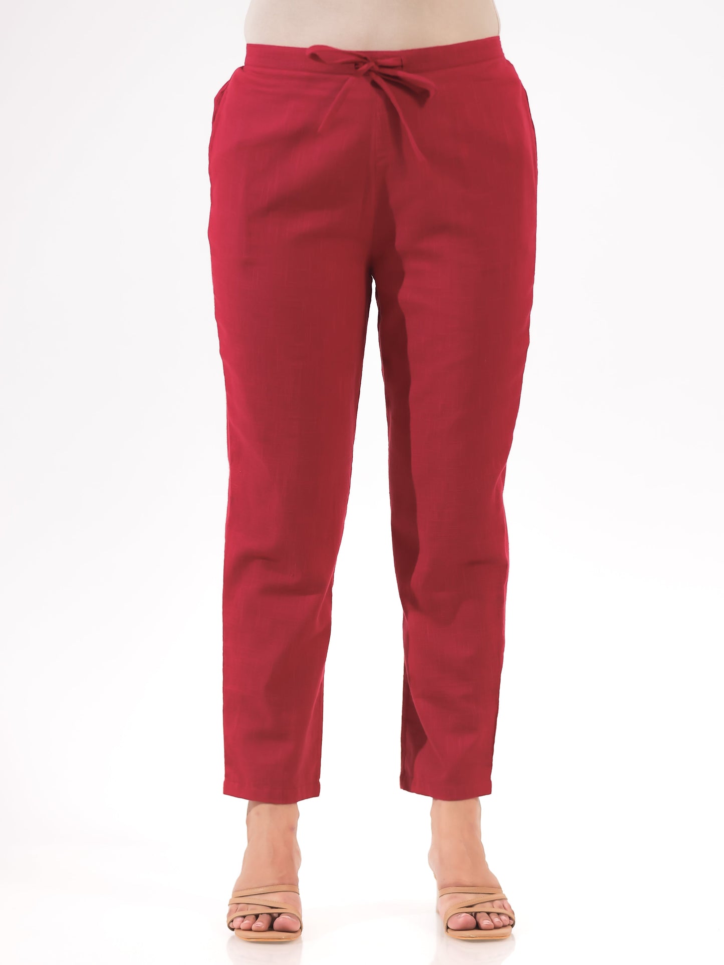 Natural Cotton Solid Maroon Tapered Trousers
