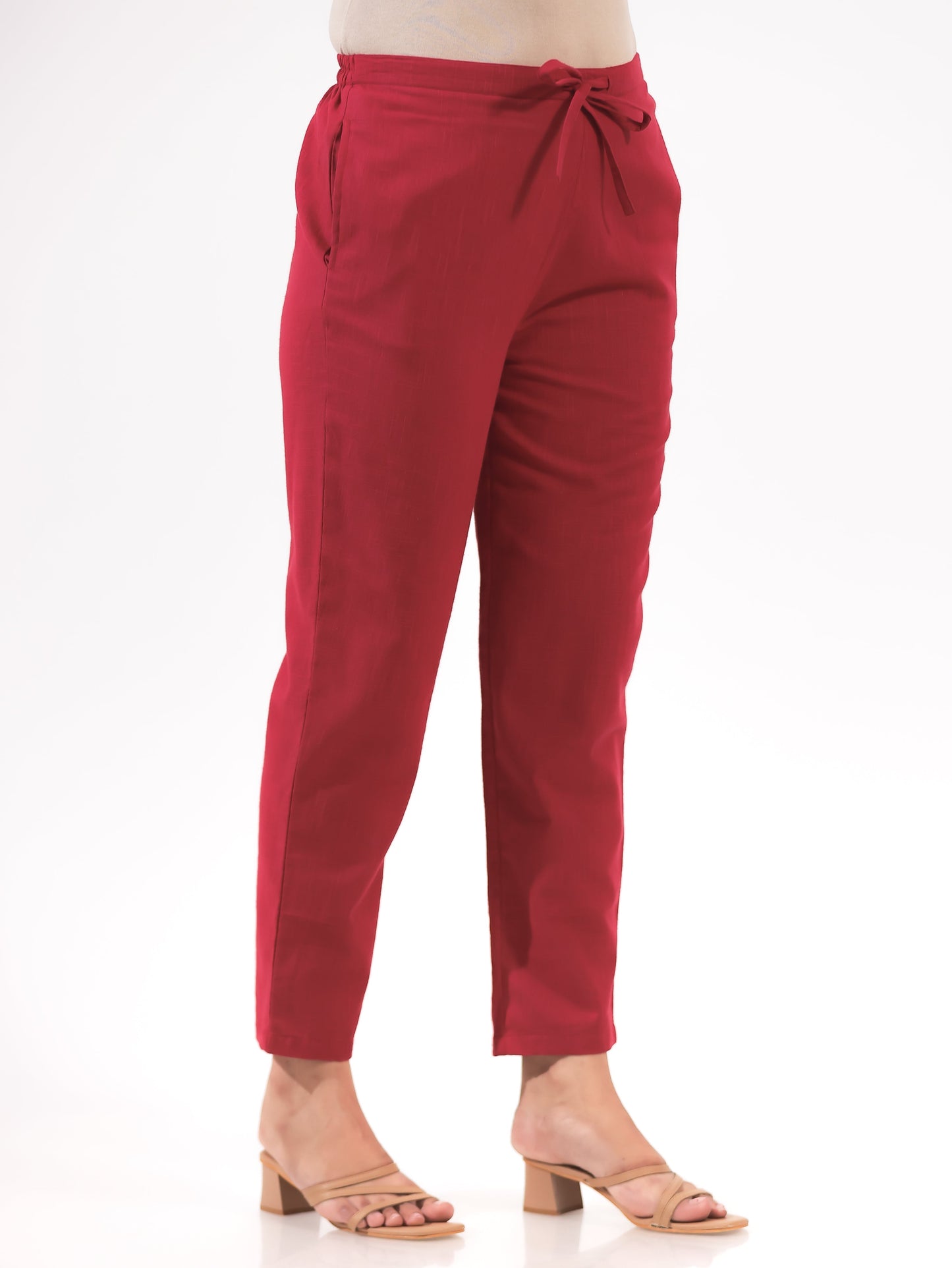 Natural Cotton Solid Maroon Tapered Trousers