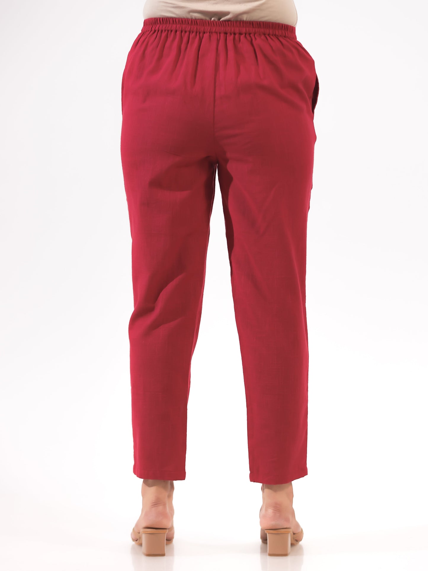 Natural Cotton Solid Maroon Tapered Trousers