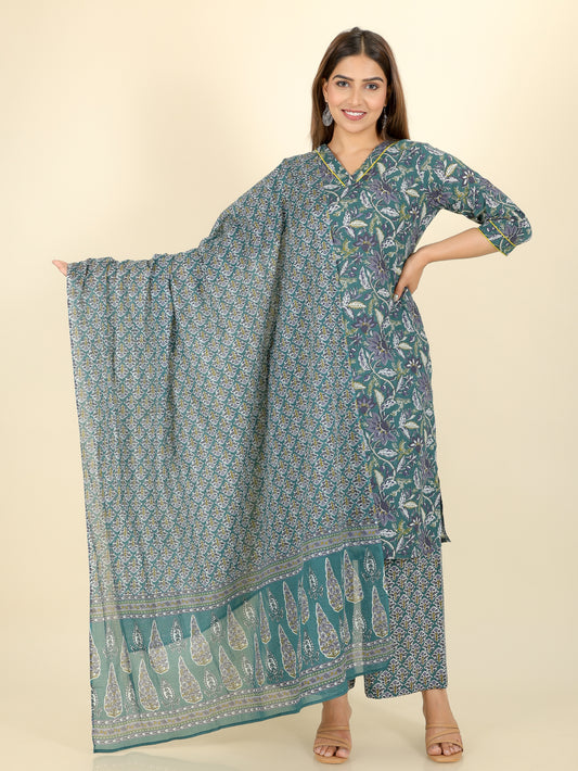 Voile Cotton Floral Green Dupatta