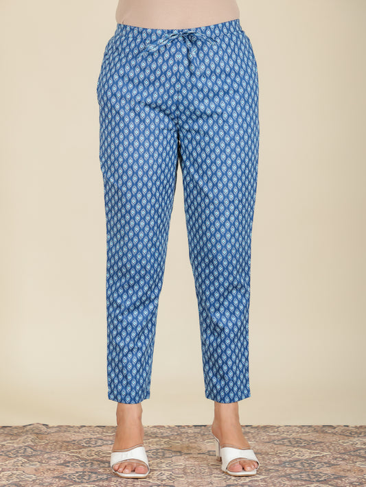 Soft Cotton Geometric Blue Tapered Trousers