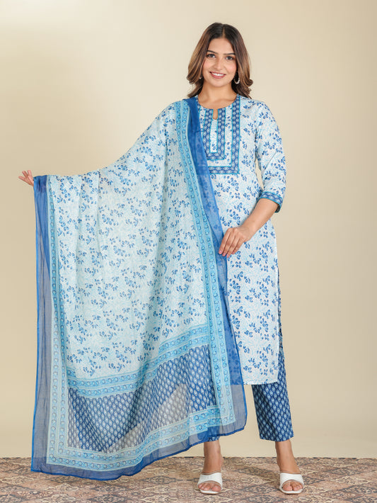 Soft Cotton Floral Straight White Kurta