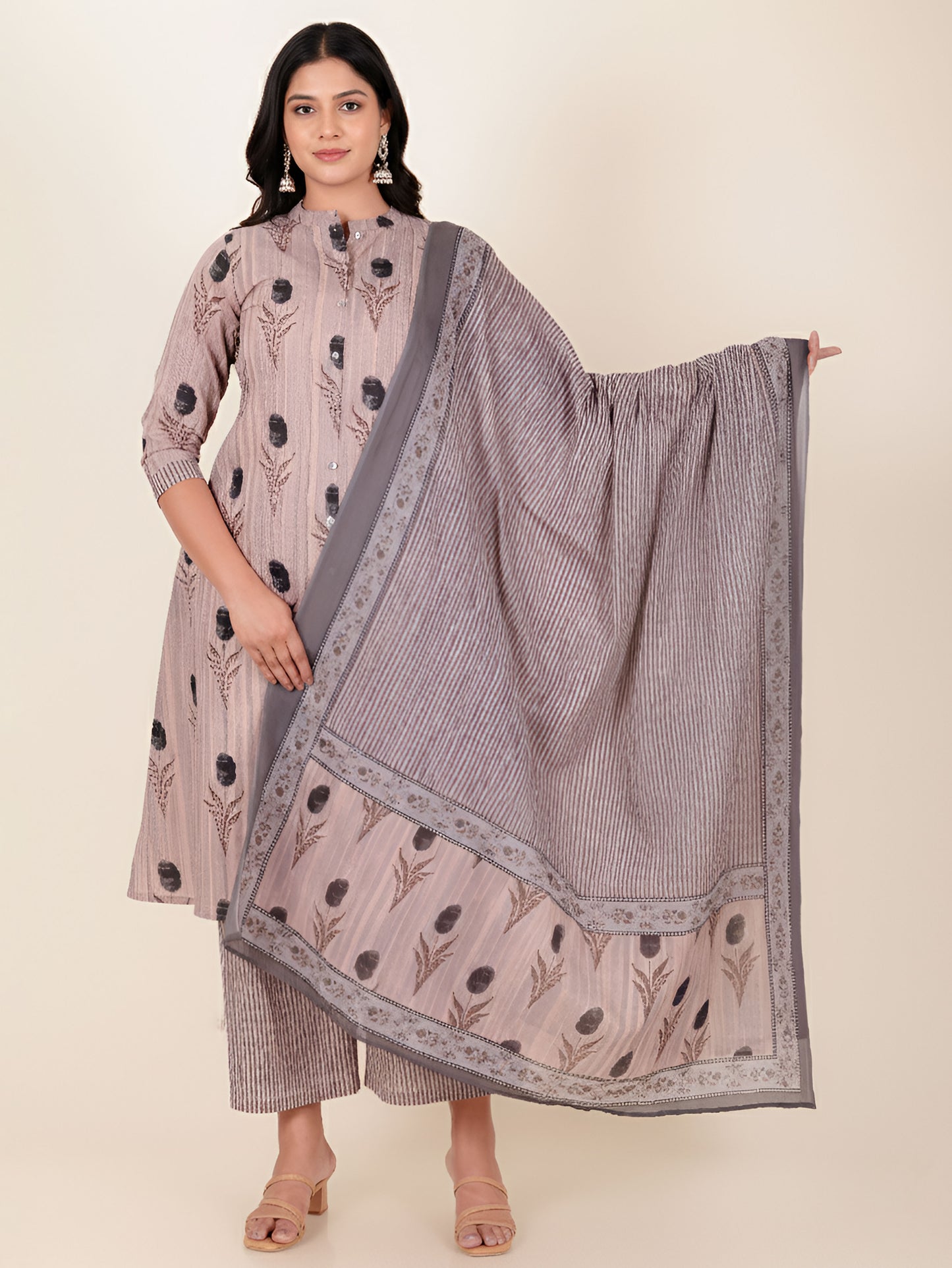 Soft Cotton Floral A-line Grey Kurta