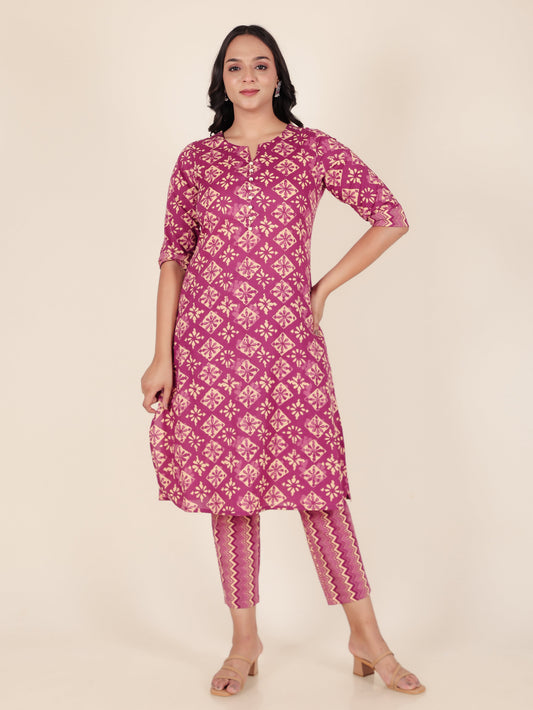 Soft Cotton Geometric A-line Purple Kurta