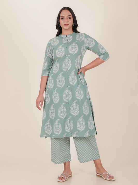Soft Cotton Block A-line Green Kurta