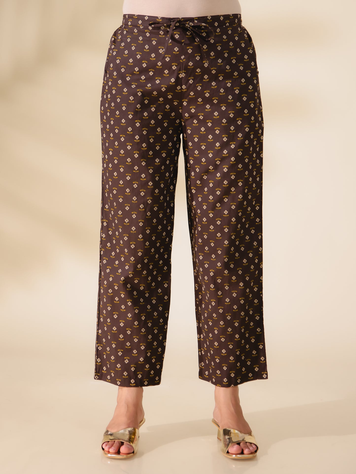 Soft Cotton Floral Brown Straight Trousers