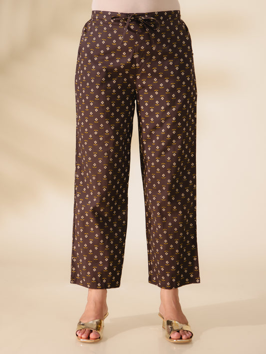 Soft Cotton Floral Brown Straight Trousers