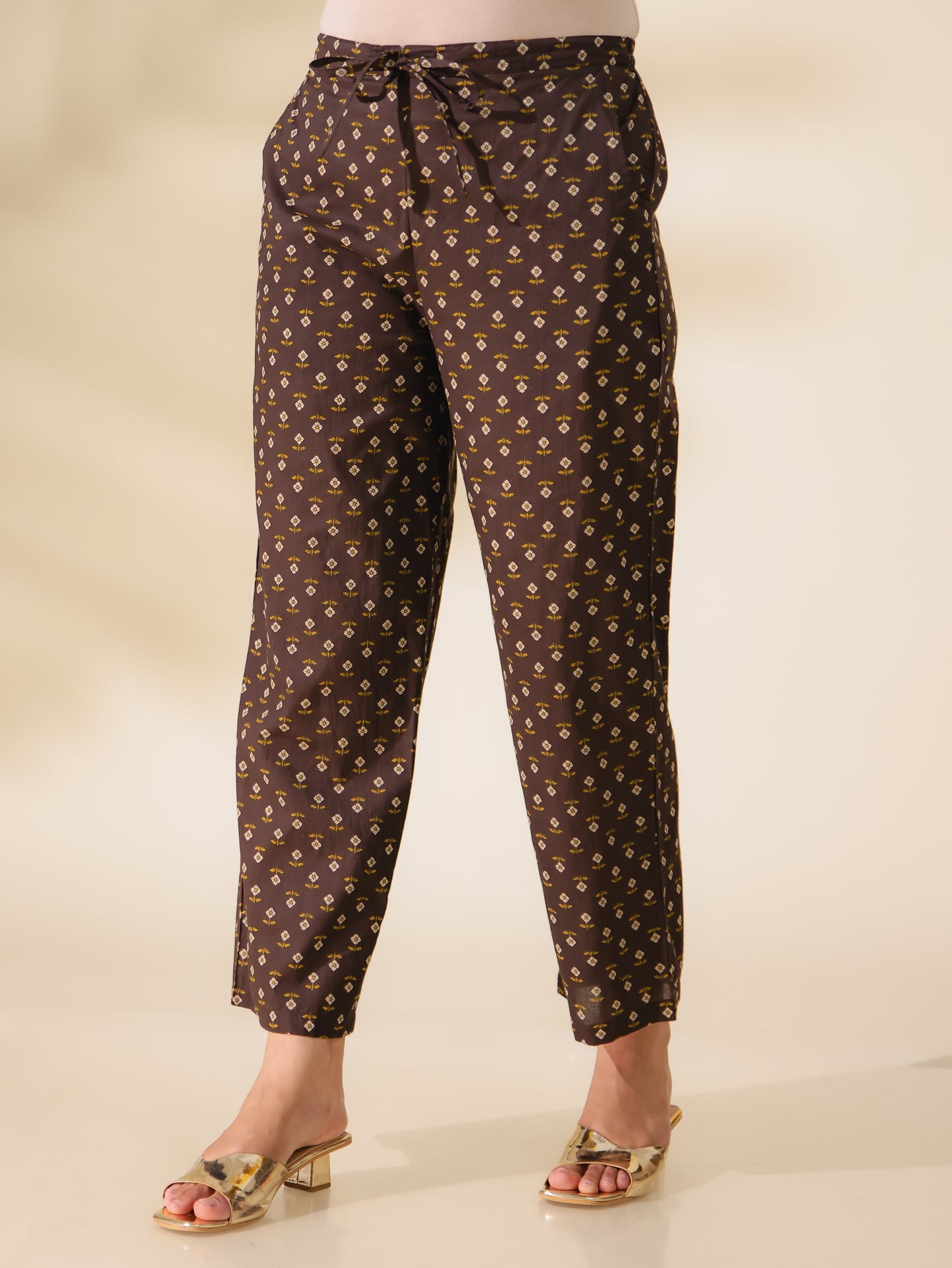 Soft Cotton Floral Brown Straight Trousers