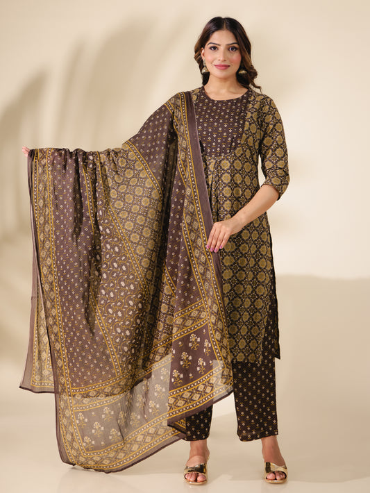 Soft Cotton Geometric A-line Brown Kurta