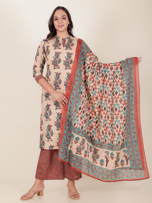 Soft Cotton Floral A-line Beige Kurta