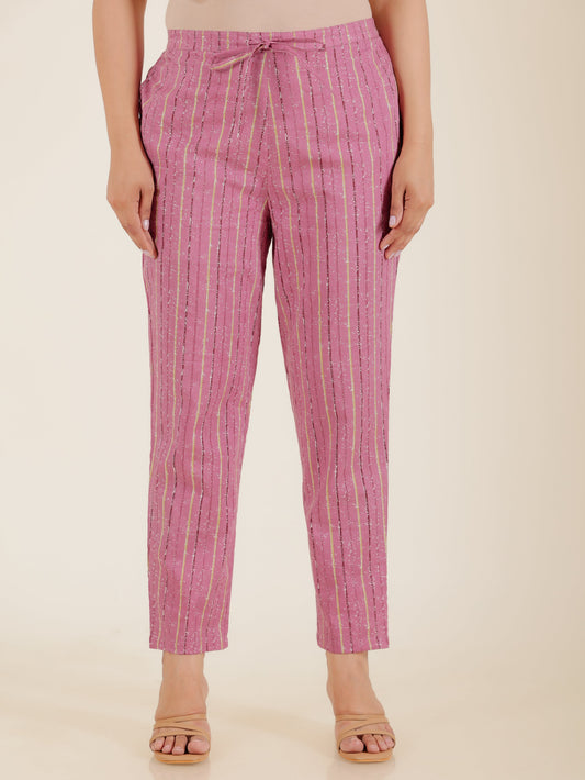 Soft Cotton Striped Pink Tapered Trousers